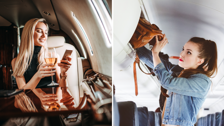 flight passenger puts bag on fc seat